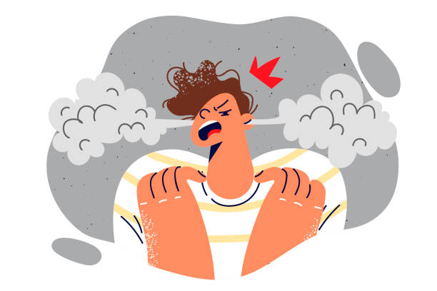Angry boy with steam coming out of ears angry trying to draw attention to teenage psychological problems. Teenager boy shows aggression associated with poor parenting or house arrest